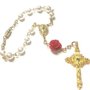 Handmade White Red Flower One Decade Car Rosary Catholic Religious Gift Women
